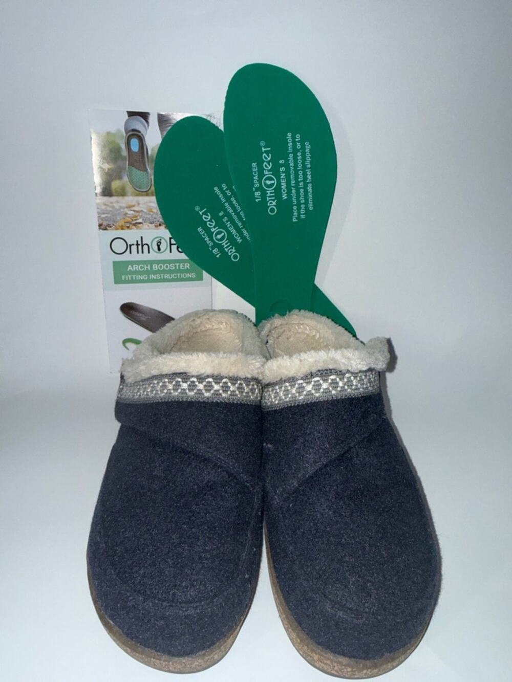 Orthofeet blue Clara Sherpa lined clog mules size 8 with spacer
